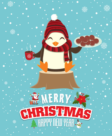 Vintage Christmas poster design with penguinのイラスト素材