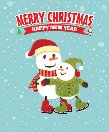 Vintage Christmas poster design with snowmanのイラスト素材