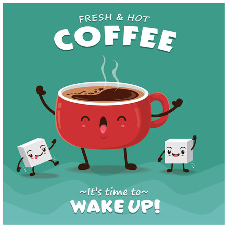 Vintage Coffee poster design with vector coffee character.のイラスト素材
