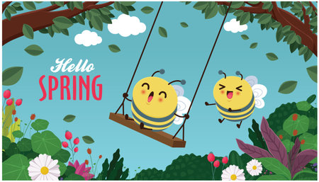 Vintage hello spring greeting banner design template with bee.のイラスト素材