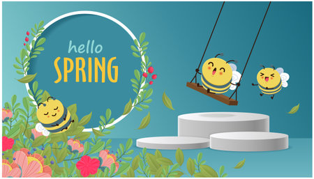 Vintage hello spring greeting banner design template with bee.のイラスト素材