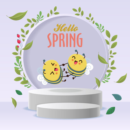 Vintage hello spring greeting banner design template with bee.のイラスト素材