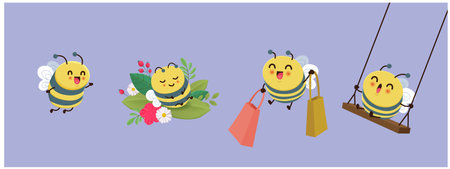 Vintage hello spring greeting banner design template with bee set.のイラスト素材