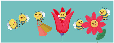 Vintage hello spring greeting banner design template with bee set.のイラスト素材