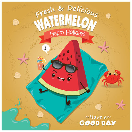 Vintage fruit poster beach design with watermelon character.のイラスト素材