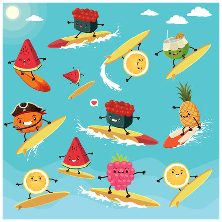 Vintage summer poster design with vector sushi, fruit  & food surfer.のイラスト素材