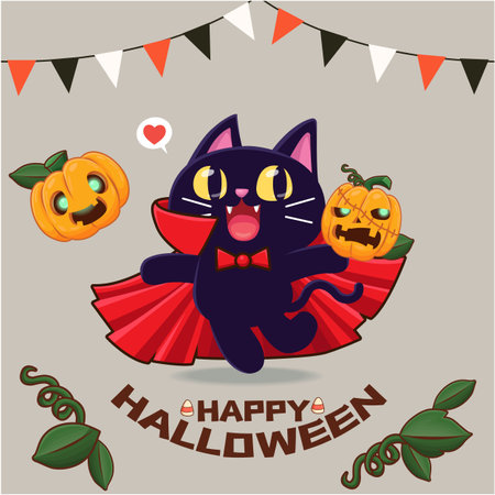 Vintage Halloween poster design with vector cat and jack o lantern character.のイラスト素材