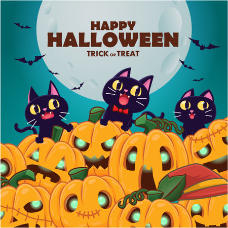 Vintage Halloween poster design with vector cats and jack o lantern character.のイラスト素材