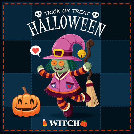 Vintage Halloween poster design with vector witch character.のイラスト素材