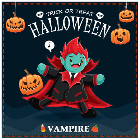 Vintage Halloween poster design with vector vampire character.のイラスト素材