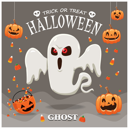 Vintage Halloween poster design with vector ghost character.のイラスト素材