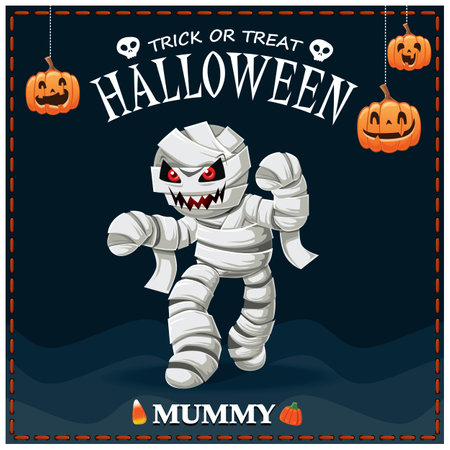 Vintage Halloween poster design with vector mummy character.のイラスト素材