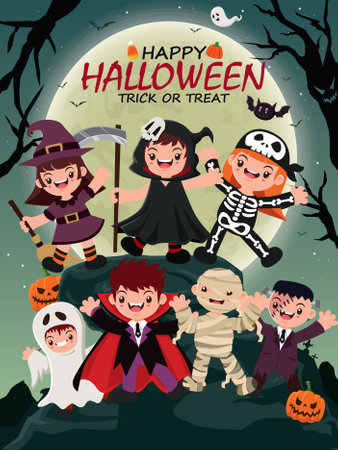 Vintage Halloween poster design with vector witch, mummy, skeleton, vampire, ghost, reaper character.のイラスト素材