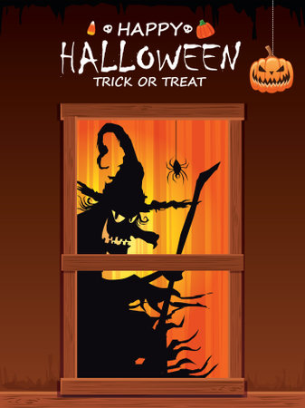 Vintage Halloween poster design with vector witch character.のイラスト素材