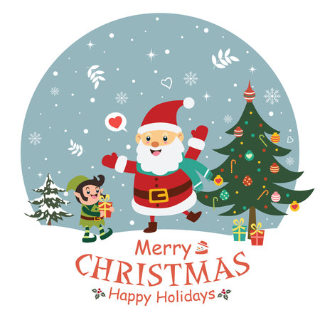 Vintage Christmas poster design with vector Santa Claus, snowman, elf characters.のイラスト素材