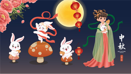 Vintage Mid Autumn Festival poster design Chinese Goddess of Moon, rabbit character. Translation: Mid Autumn Festival, Fifteen of August.のイラスト素材