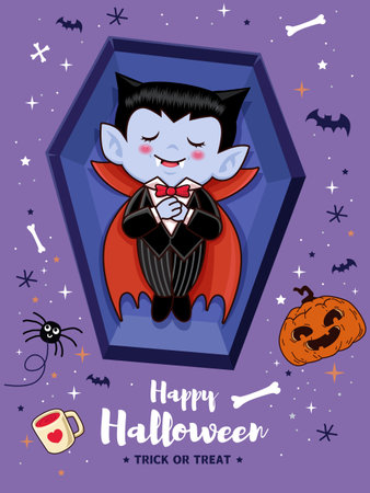 Vintage Halloween poster design with vector vampire character.のイラスト素材