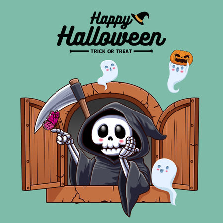 Vintage Halloween poster design with vector reaper, ghost character.のイラスト素材