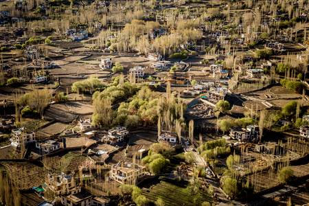High angle view of Leh city in autumn, Jammu and Kashmir, India.の写真素材