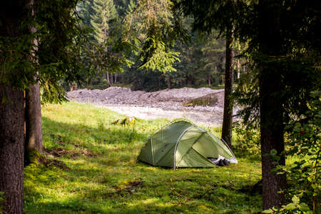 Camping tent in the wood during a hiking trip to Austria Natureの写真素材