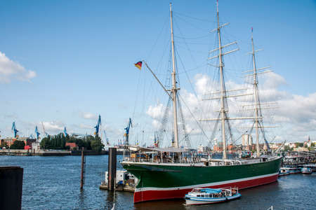 Port Hamburg in Germany big sailing boat in Harbor