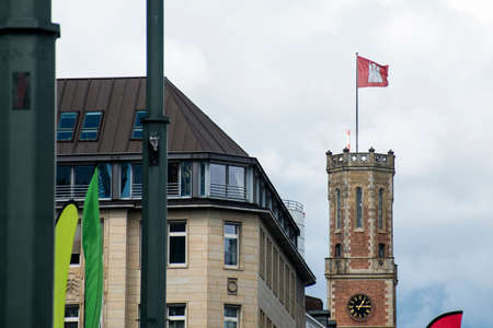 Hamburg City Germany Region Flag on old historic Towerの写真素材
