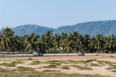 Jeep tour on street in front of palms and dhofar Mountains in Salalah Oman
