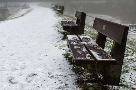Bench empty seat in wood trees winter and fog 7の写真素材