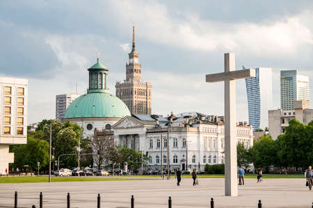 Poland warsaw Pilsudski place white cross skyline culture palace towerの写真素材