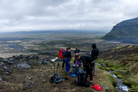Group Hiking glacier Hvannadalshnukur summit in Iceland mountain volcano landscape Vatnajokull parkの写真素材