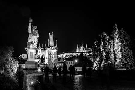 Czech Republic Prague Castle Cathedral and more at twilight capitol city at night black and whiteの写真素材