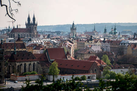 Czech Republic Prague capitol city skyline view over the roof river buildings bridgesの写真素材