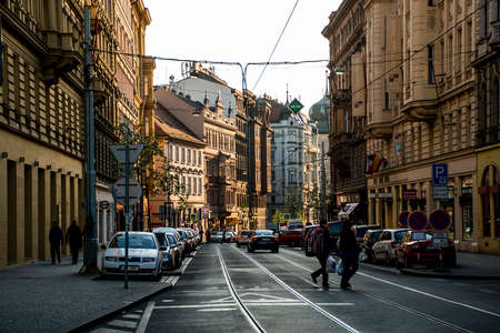Prague Czech Republic 11.04.2014: View to the street in the old center of Prague capital and largest city Czech Republicのeditorial素材