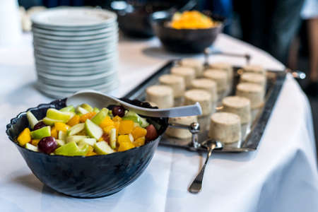 Closeup dessert on buffet table with fresh fruits jelly and creamの写真素材