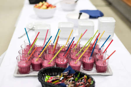 Assorted fruit shakes on white table. Healthy Smoothie conceptの写真素材