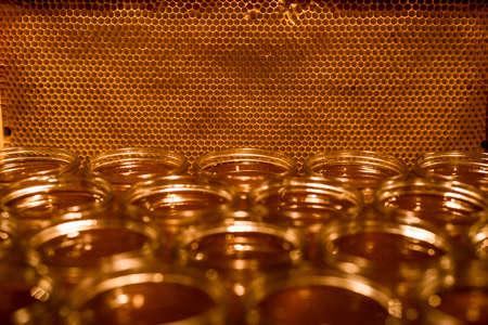 Golden yellow honey in glass jar on wooden board Closeup Copy space comp frame empty textspace