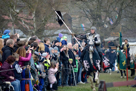 06.04.2015 Lorelay Germany - Medieval Knight games knights fighting tournament riding on horseのeditorial素材
