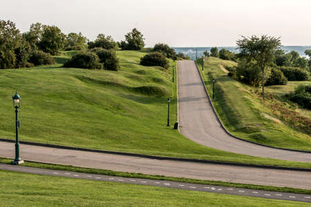 Green plaines dAbraham road and gras morning during summer in Quebec City Canadaの写真素材