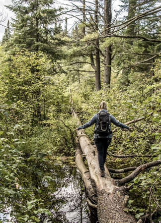 Girl hiking in Canada Ontario Lake of two rivers natural wild landscape near the water in Algonquin National Parkの写真素材
