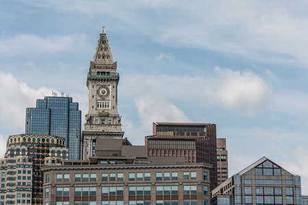 View of the historic Custom House skyscraper clock tower in skyline of Boston Massachusetts USAの写真素材