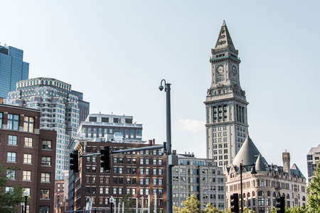 View of the historic Custom House skyscraper clock tower in skyline of Boston Massachusetts USAの写真素材
