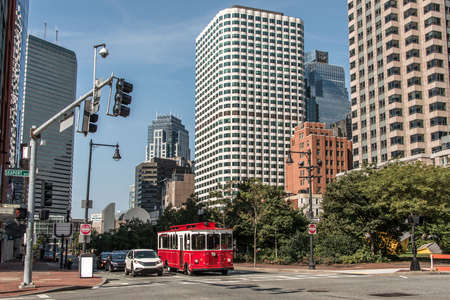 Boston MA USA skyline summer day panoramic view buildings downtown and road with traffic at waterfront sideの写真素材