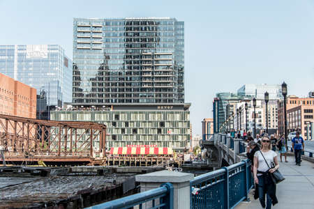 Boston massachusetts USA 06.09.2017 view on waterfront with skyscrapers and old avenue bridgeのeditorial素材