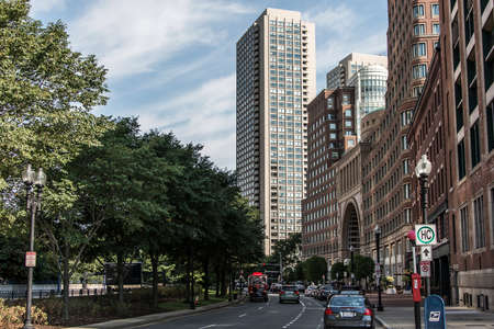 Boston MA USA 04.09.2017 skyline summer day panoramic view buildings downtown and road with traffic