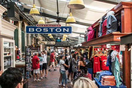 BOSTON UNITED STATES 05.09.2017 -people at outdoor Faneuil Shopping Hall Quincy Market Government Center historic cityのeditorial素材