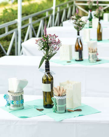 Flowers settings decoration outdoor setup for wedding with pink colored flowerの写真素材