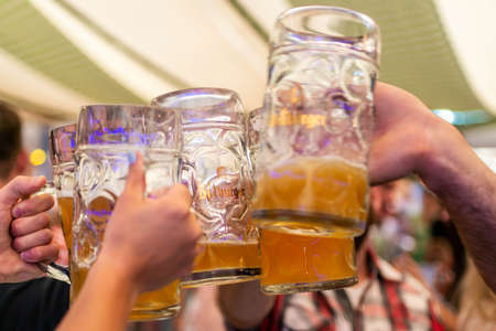 Koblenz Germany 26.09.2013 A group of young people Friends toasting with glasses of bitburger beerのeditorial素材