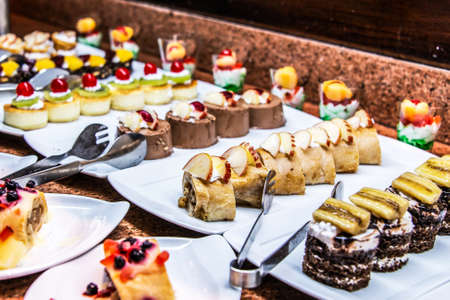 Close up delicious dessert pastry cakes Fresh colourful sweet berry desserts, beautifull decorated in Egypt Makadi Bayの写真素材