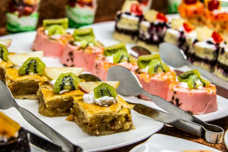 Close up delicious dessert pastry cakes Fresh colourful sweet berry desserts, beautifull decorated in Egypt Makadi Bayの写真素材