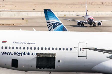 Cairo EGYPT 26.05.2018 - Egypt Air Airplane standing to parking position at the international...